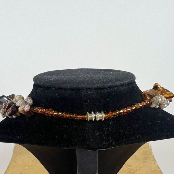 Brown Tigers Eye Beaded Shell Pendant Necklace - Boho Beachy Fairycore Jewelry - Picture 3 of 6